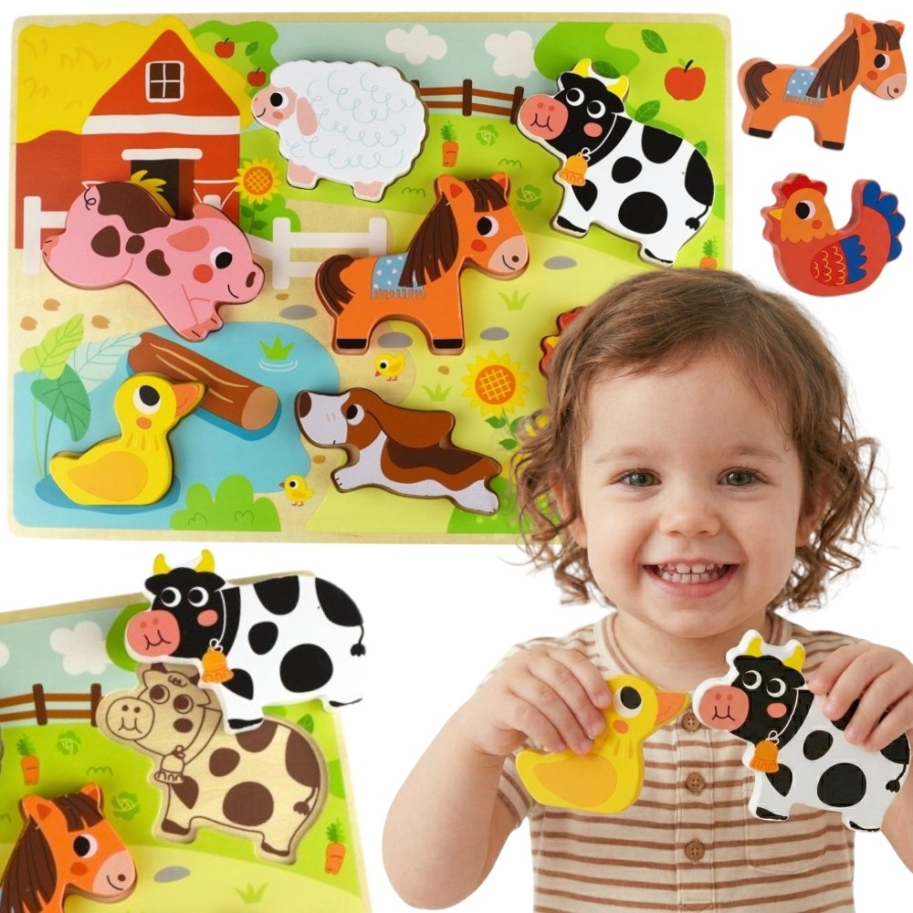 TOOKY TOY Medinė Montessori dėlionė ūkio gyvūnai nuo 12 mėn.