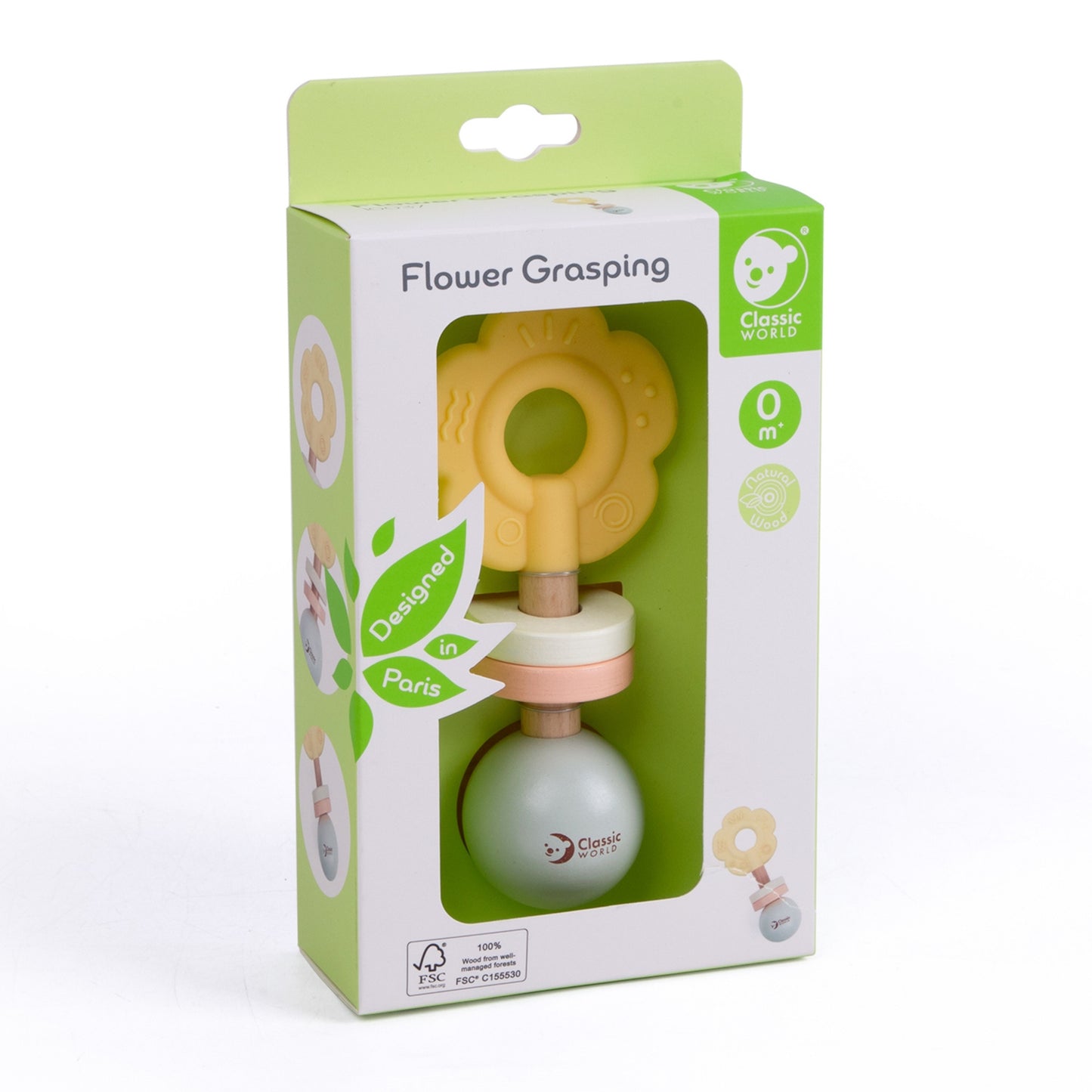 CLASSIC WORLD Medinė pastelinė barškutis-kramtukas 2in1 „Gėlė“ 0+ – vaizdas 5