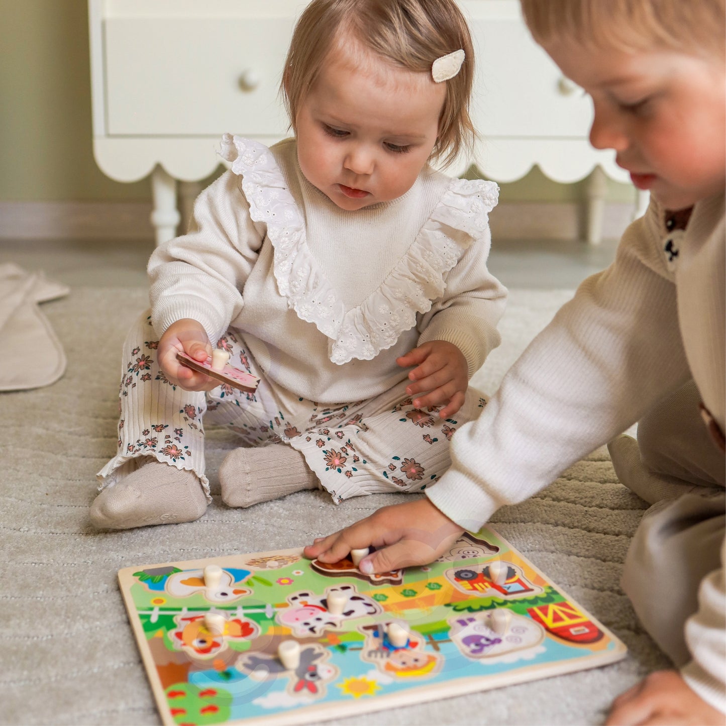 WOOPIE GREEN Medinė Montessori Ūkio Dėlionė su Rankenėlėmis