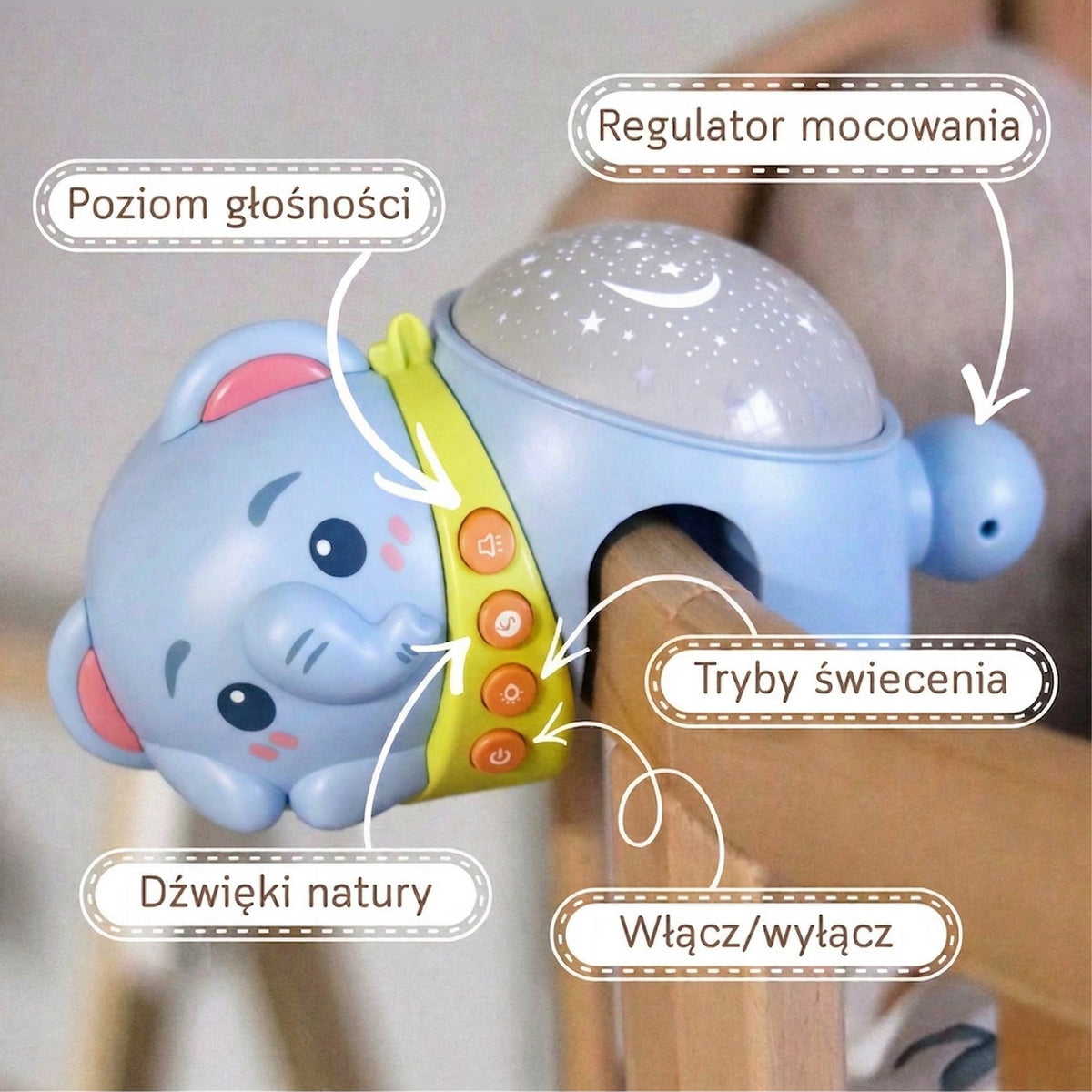 WOOPIE BABY dramblys su žvaigždžių projektoriumi ir naktine lempute