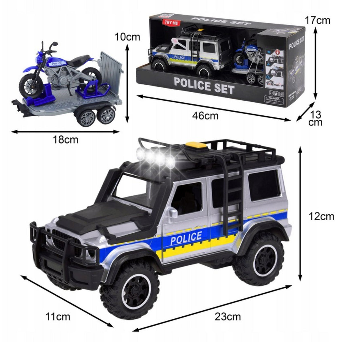 WOOPIE Policijos visureigis su motociklo priekaba, žaislinis rinkinys