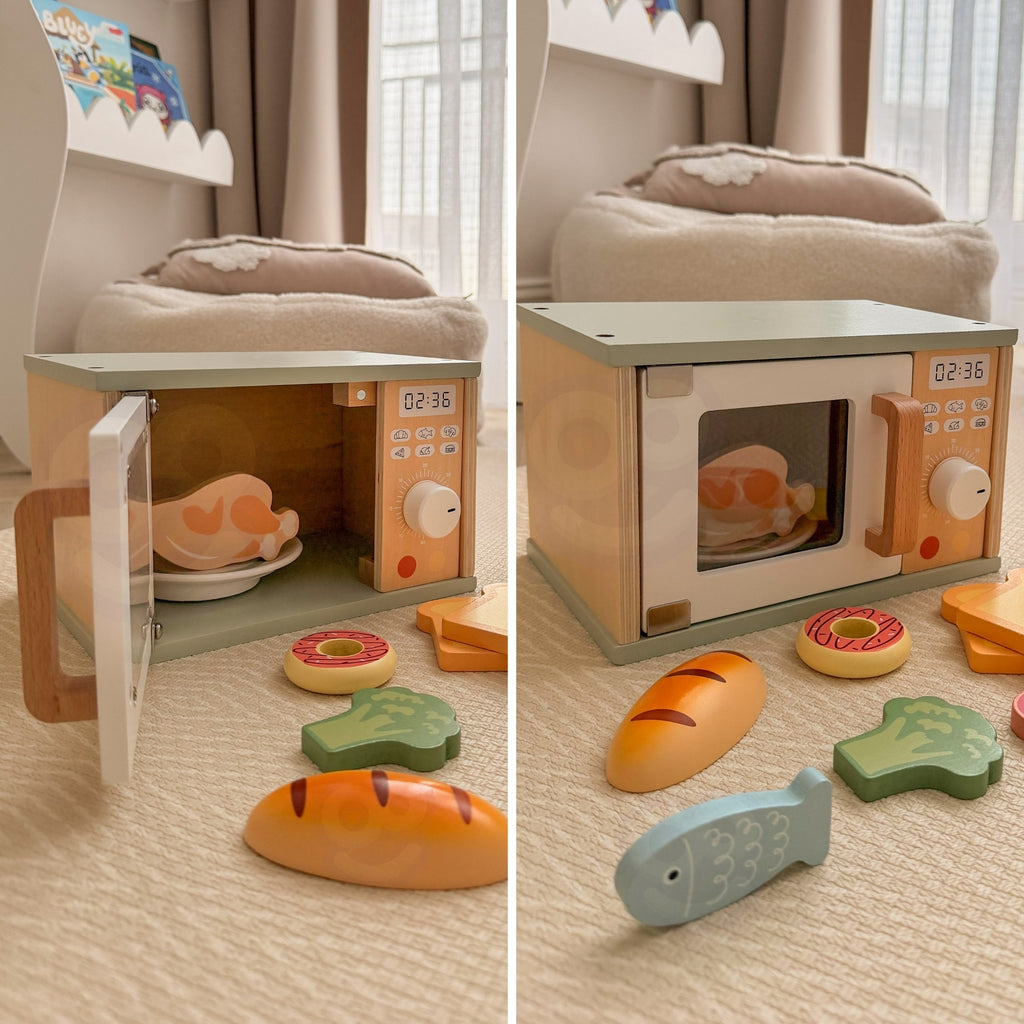TOOKY TOY Medinė Mikrobangų Krosnelė su Maisto Rinkiniu