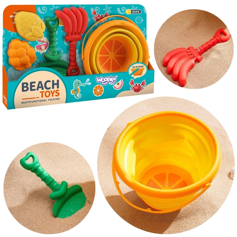 WOOPIE Smėlio žaislų rinkinys Tropiniai vaisiai, sulankstomas kibirėlis, grėbliukas, kastuvėlis ir formelės – pagrindinis vaizdas