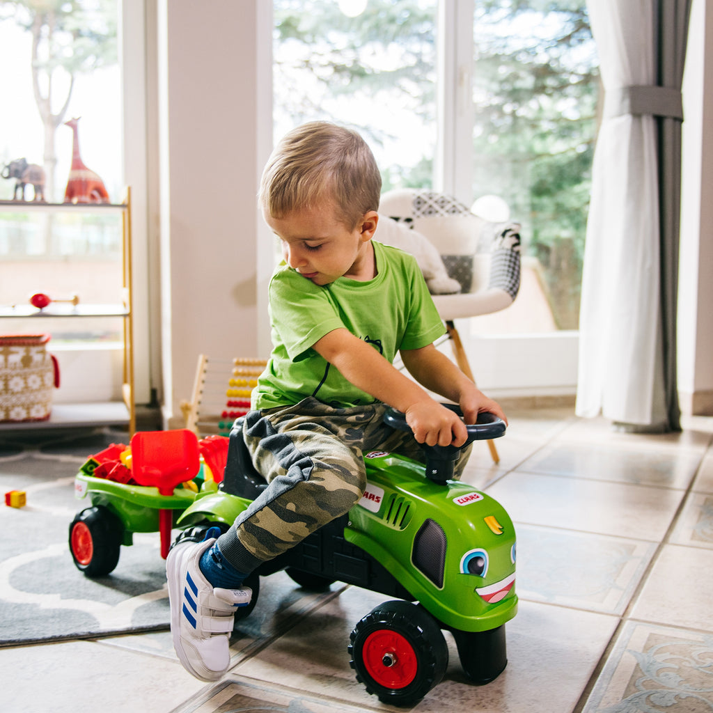 FALK Traktorius-paspirtukas Baby Claas, žalias, su priekaba ir priedais (nuo 1 metų) – vaizdas 2