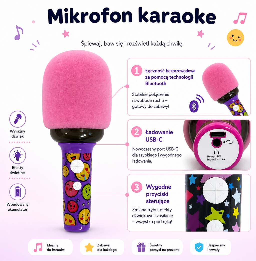 WOOPIE Belaidis Karaokė Mikrofonas su Bluetooth Garsiakalbiu LED Rožinis