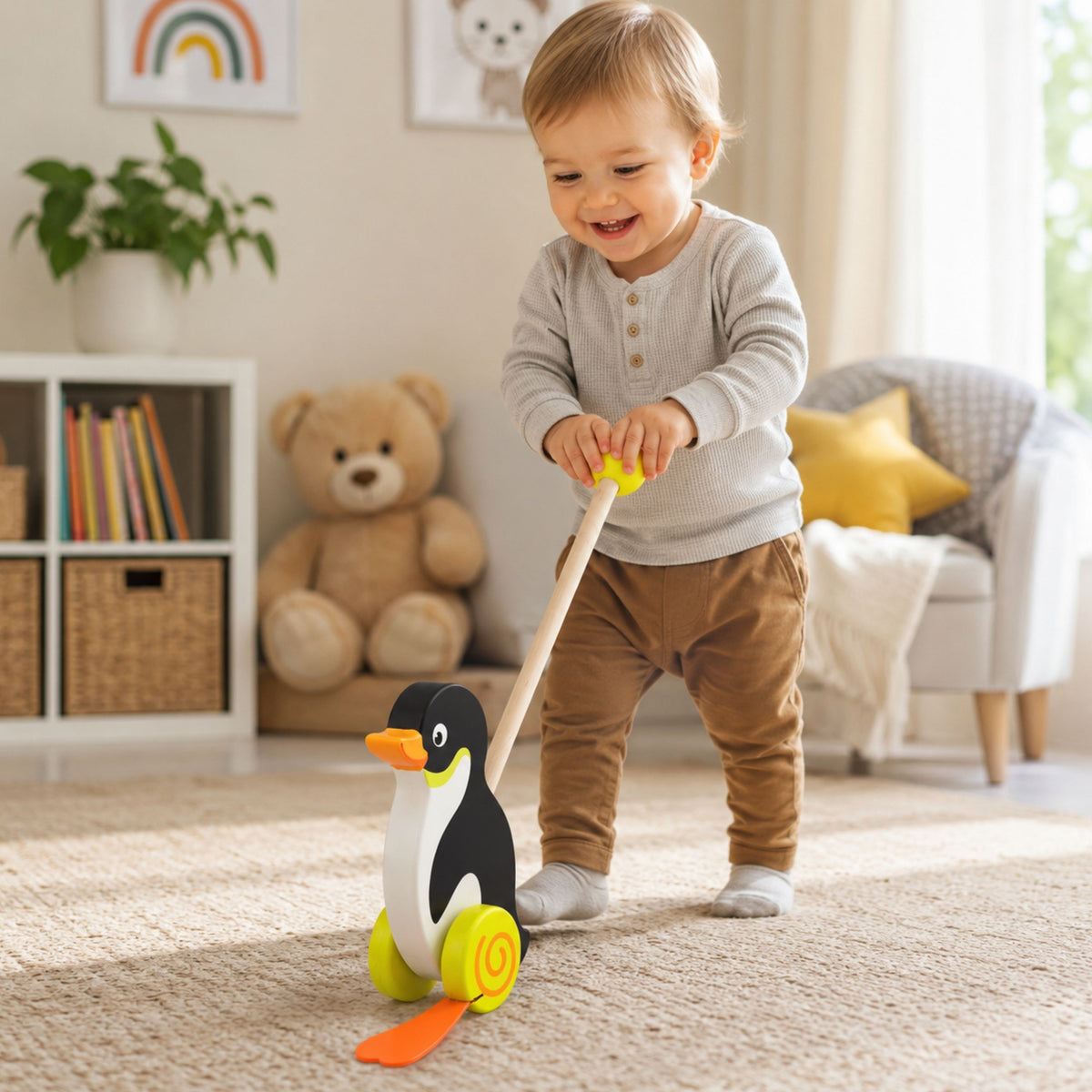 Viga Toys Medinis Stumdukas Pingvinas ant Lazdelės Vaikams