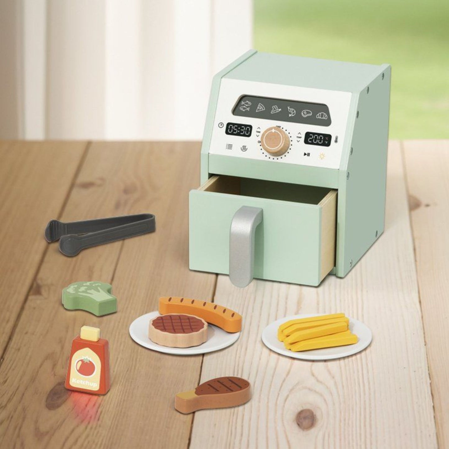 TOOKY TOY Medinė žaislinė gruzdintuvė be aliejaus (Air Fryer) – vaizdas 4