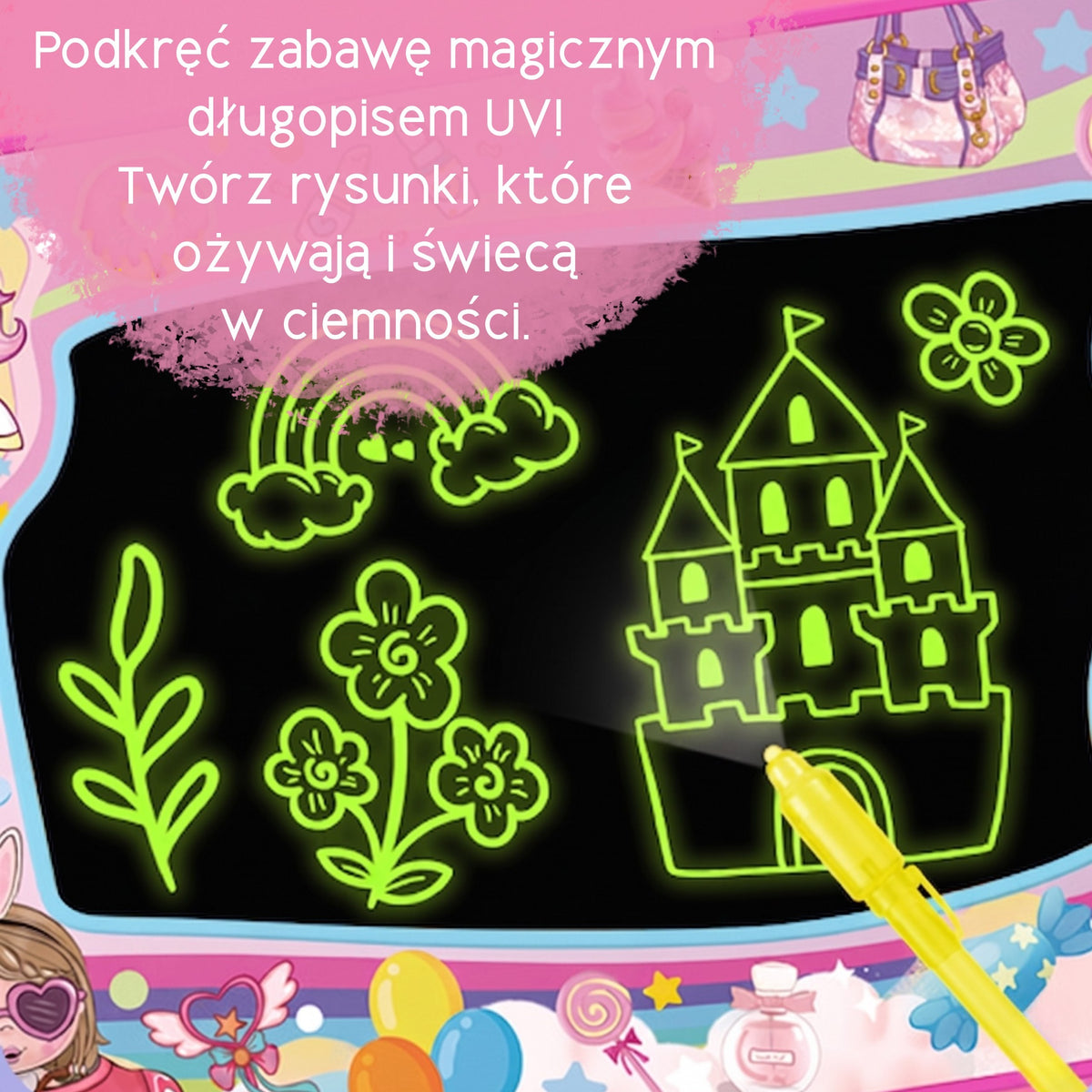 WOOPIE Vandeninis Piešimo Kilimėlis 2in1 XXL 100x70cm su UV Švytėjimu