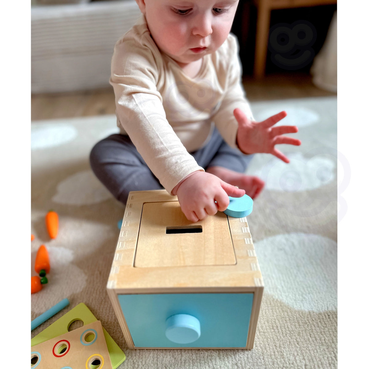 WOOPIE Medinė lavinamoji dėžutė 4in1 Montessori rūšiuoklis su morkytėmis
