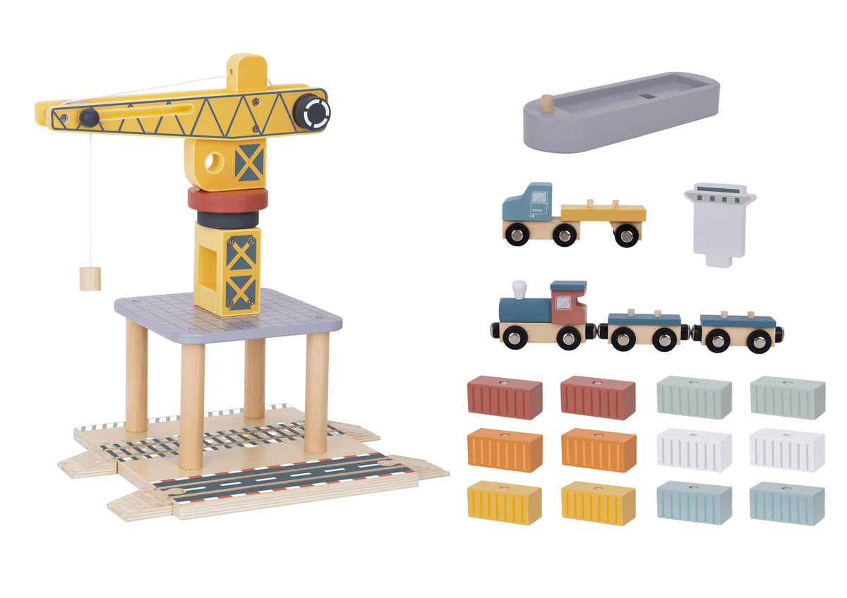 TOOKY TOY Medinis uosto kranų rinkinys su transporto priemonėmis