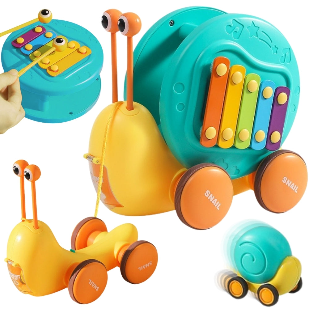 WOOPIE Sraigė 4in1 traukiamas žaislas: ksilofonas, krumpliaračiai, jutiminės funkcijos, paleidimo mechanizmas + mažas automobilis – pagrindi