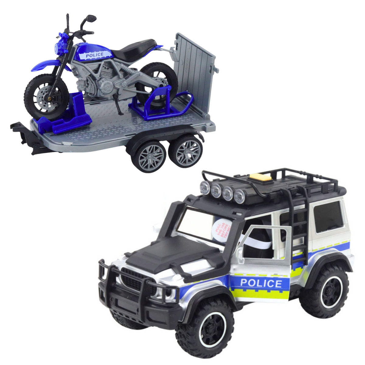 WOOPIE Policijos visureigis su motociklo priekaba, žaislinis rinkinys