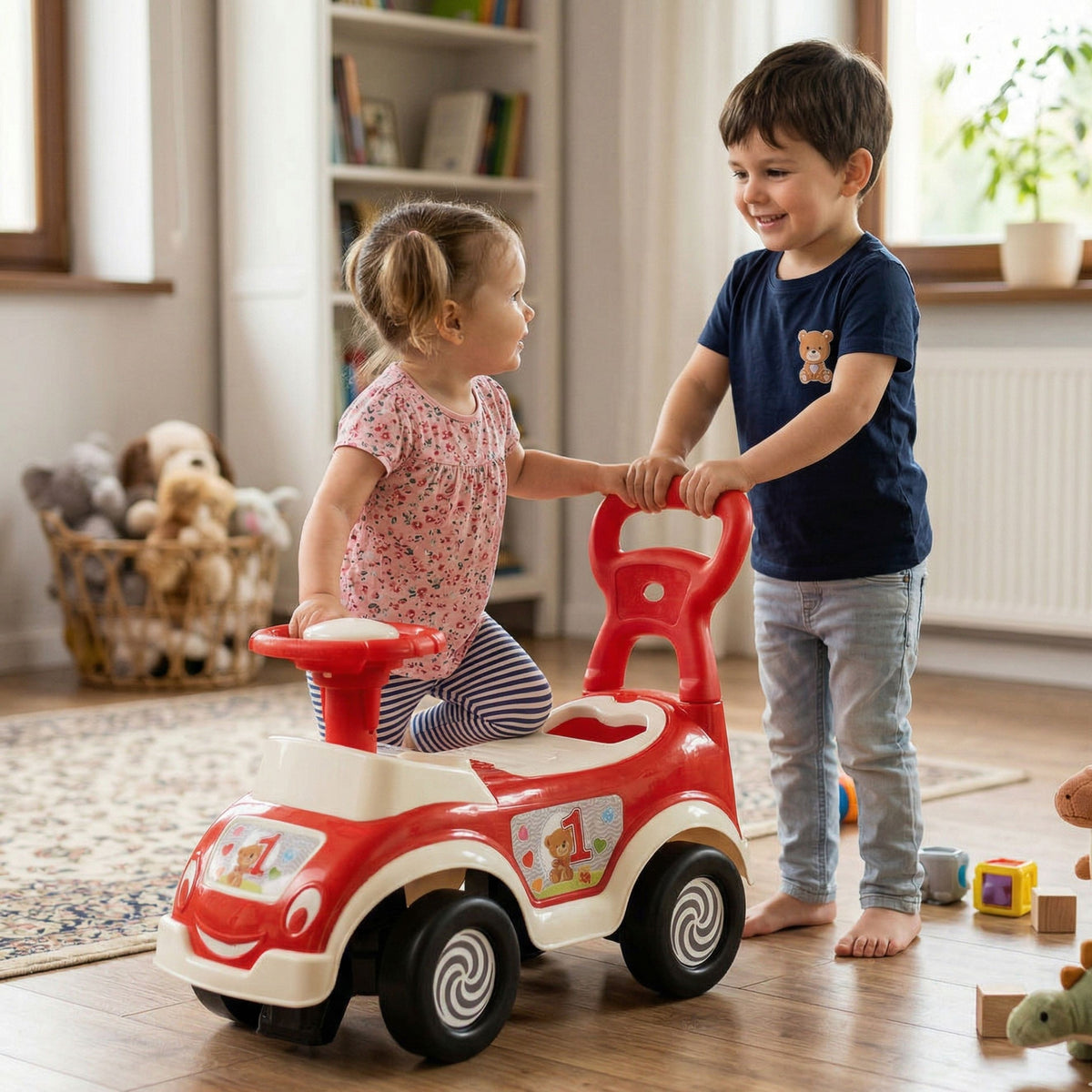 WOOPIE 4-in-1 Paspirtukas Rūšiuoklis Vaikštynė su Rageliu ir Skyreliu