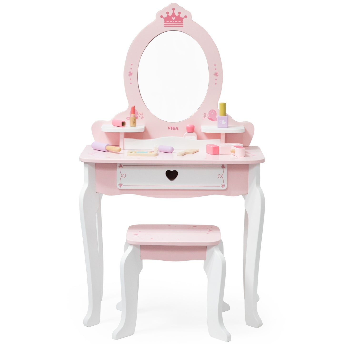 VIGA Didelis medinis kosmetinis staliukas su veidrodžiu ir kėdute, baltas/rožinis