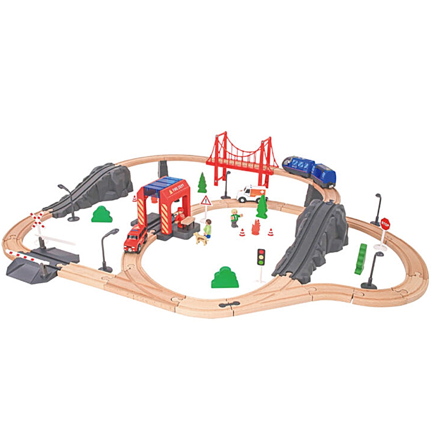 Tooky Toy medinė elektrinė geležinkelio trasa „Gaisrinė“ su garso efektais, 70 dalių, FSC – vaizdas 9