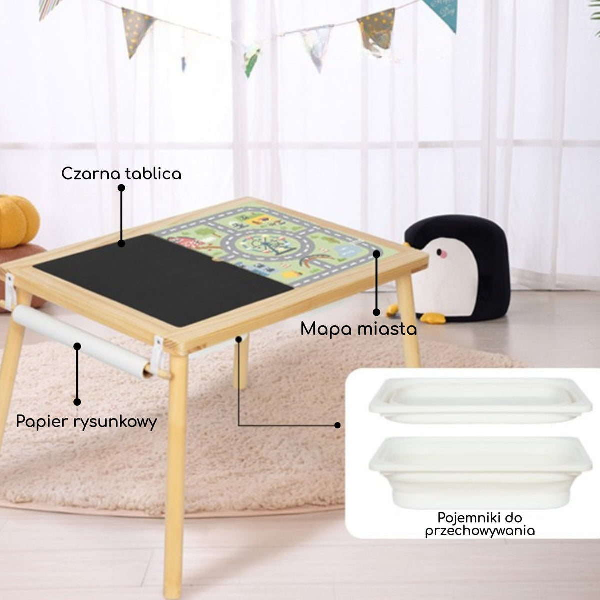 WOOPIE GREEN Medinis 4-in-1 Žaidimų Stalas su Miesto Žemėlapiu