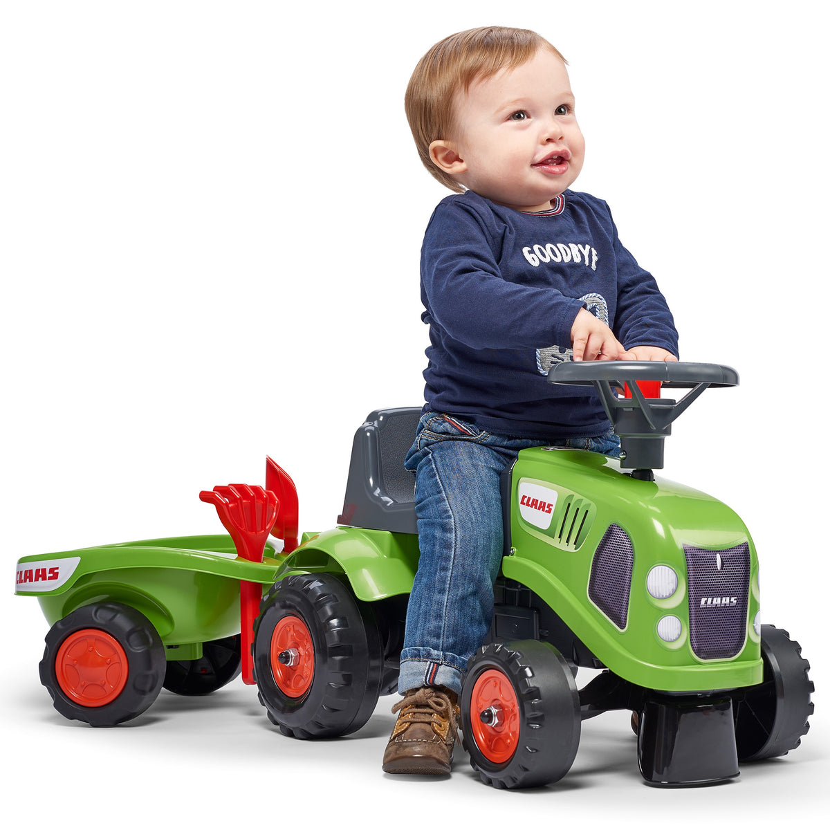 FALK Traktorius-paspirtukas Baby Claas, žalias, su priekaba ir priedais (nuo 1 metų) – vaizdas 7