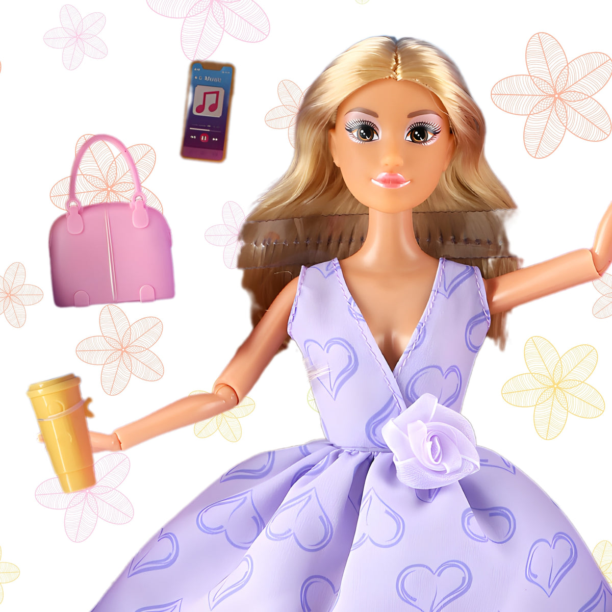 WOOPIE ROYAL Lėlė Lily 30cm Ilgi Plaukai Levandų Suknelė su Priedais