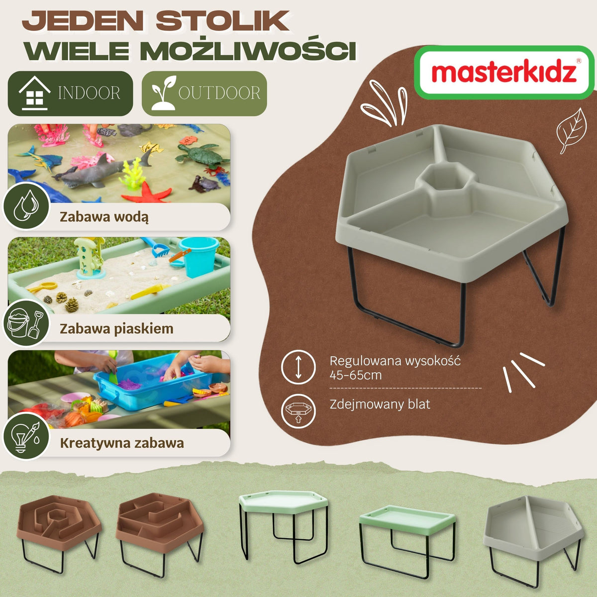 MASTERKIDZ Šešiakampis sensorinis stalas smėliui ir vandeniui, 3 skyriai