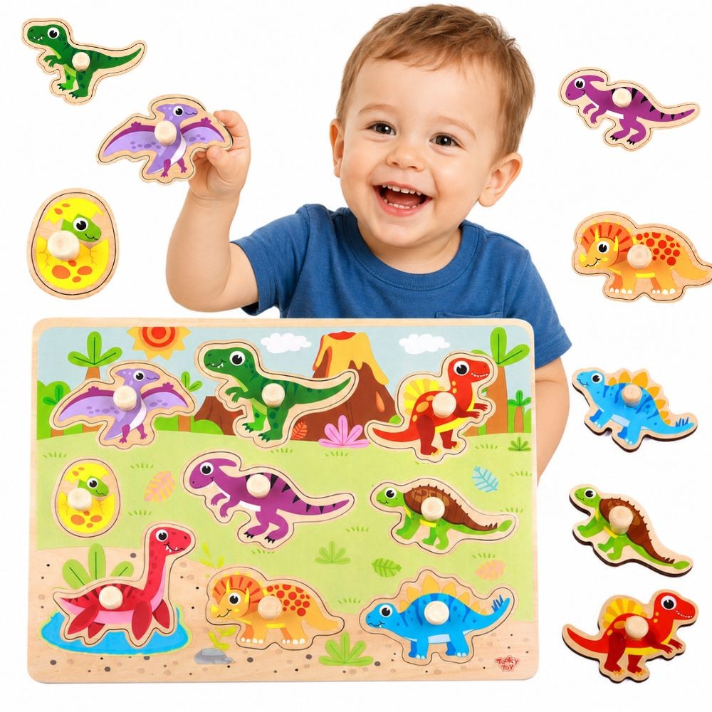 TOOKY TOY Medinė Montessori Dėlionė su Dinozaurais 10 vnt.