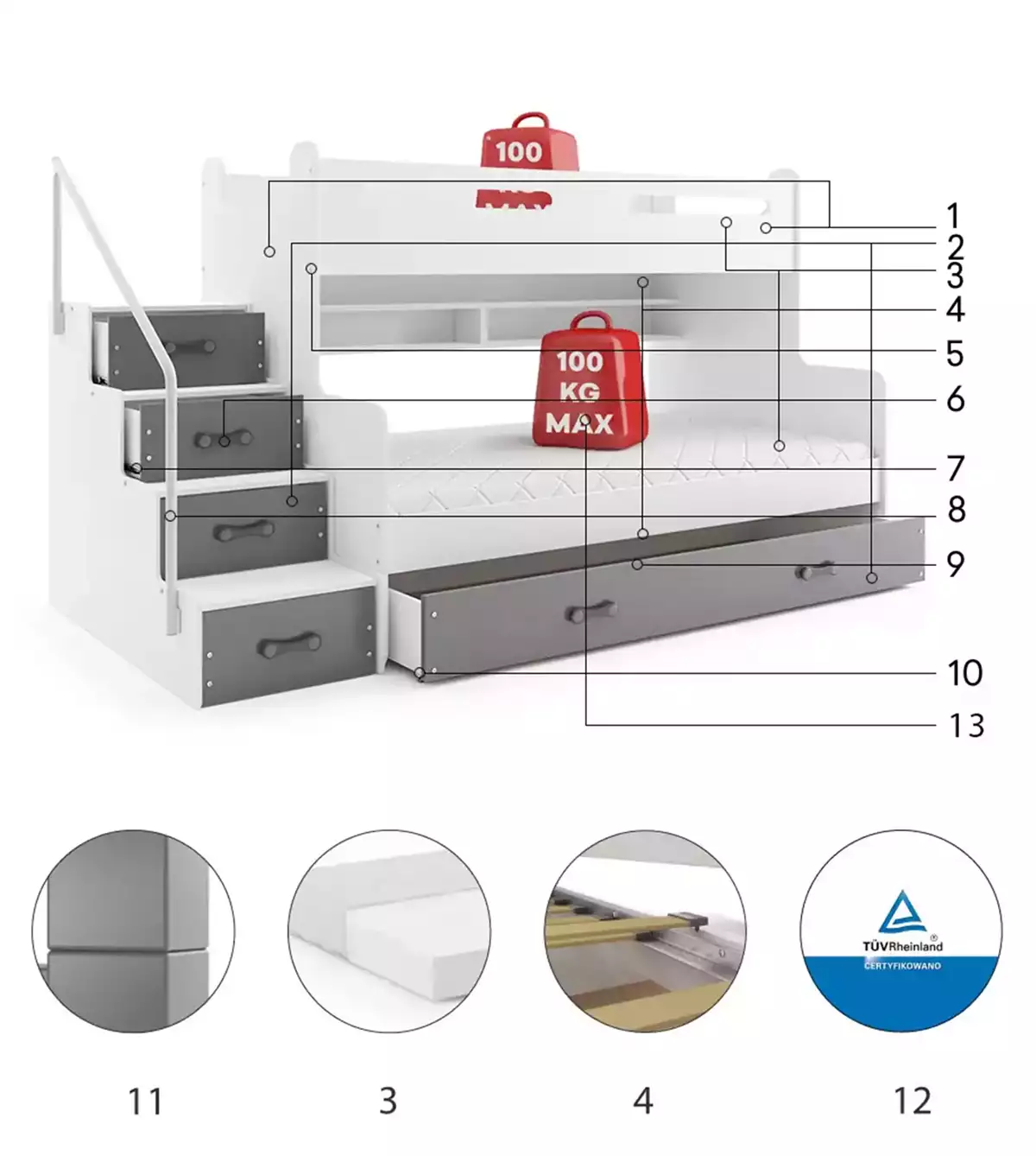 Dviaukštė lova 120x200 su čiužiniais ir stalčiumi, įvairių spalvų – pagrindinis vaizdas
