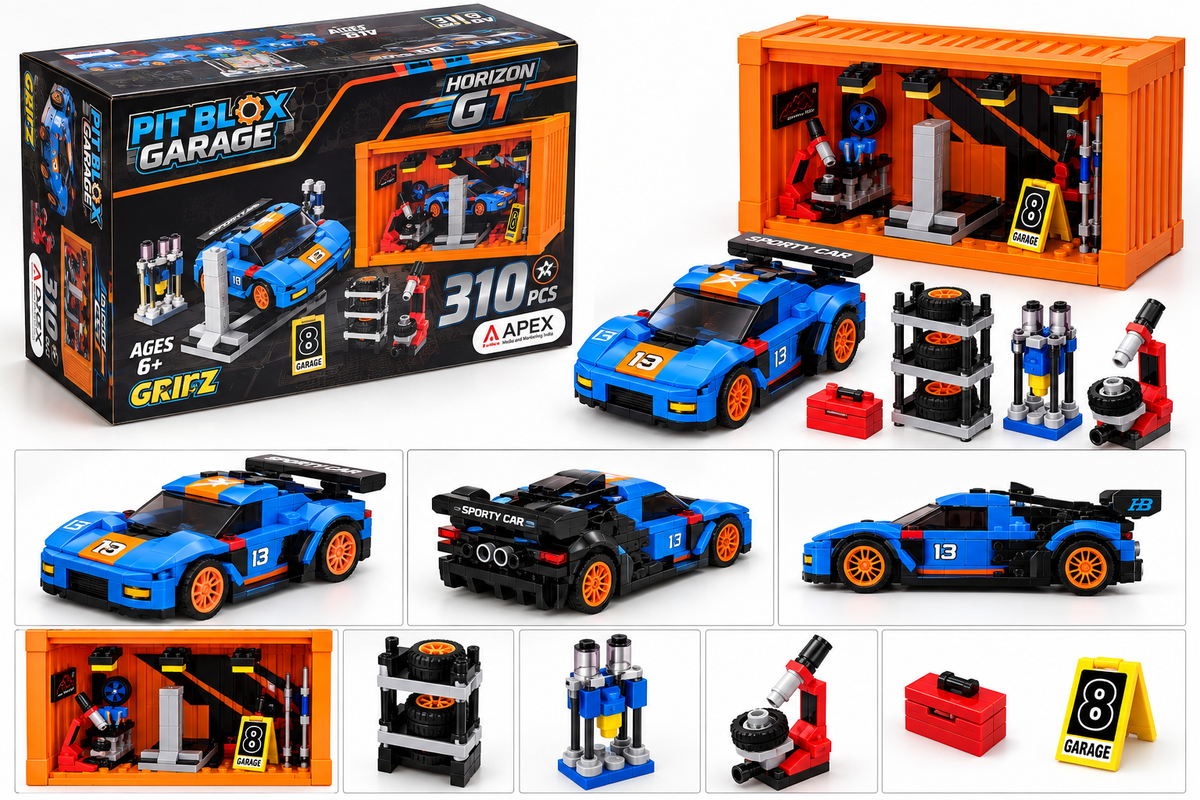 Pingao Blocks 90003 konstruktorius su oranžiniu garažu ir mėlynu sportiniu automobiliu