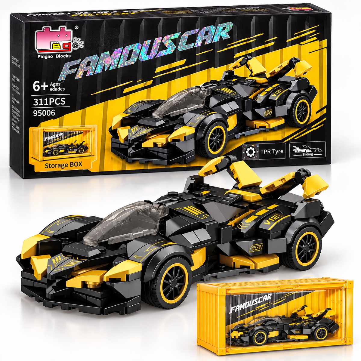 Pingao Blocks 95006 juodai geltonas sportinis automobilis konstruktorius