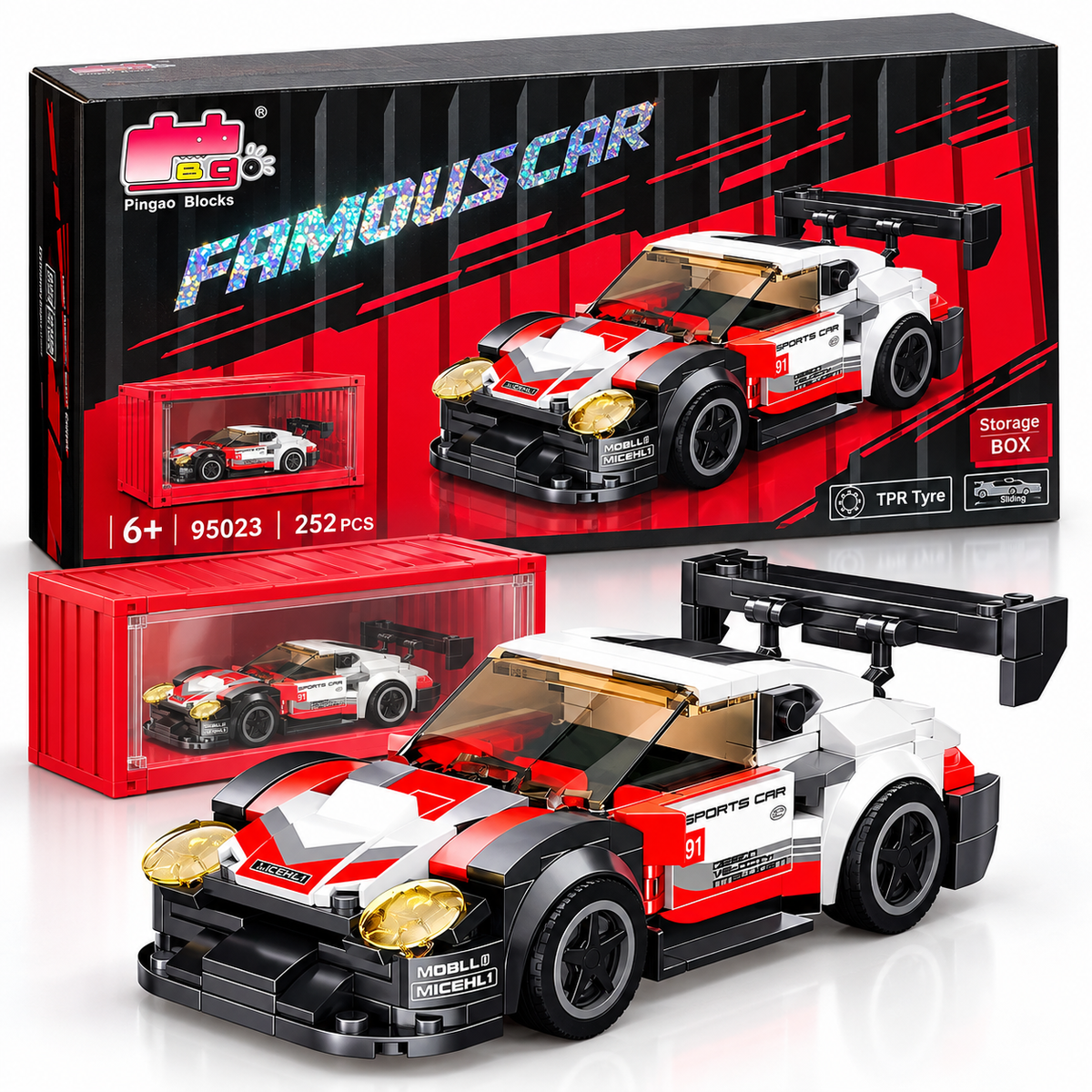 Pingao Blocks 95023 baltai raudonas sportinis automobilis konstruktorius