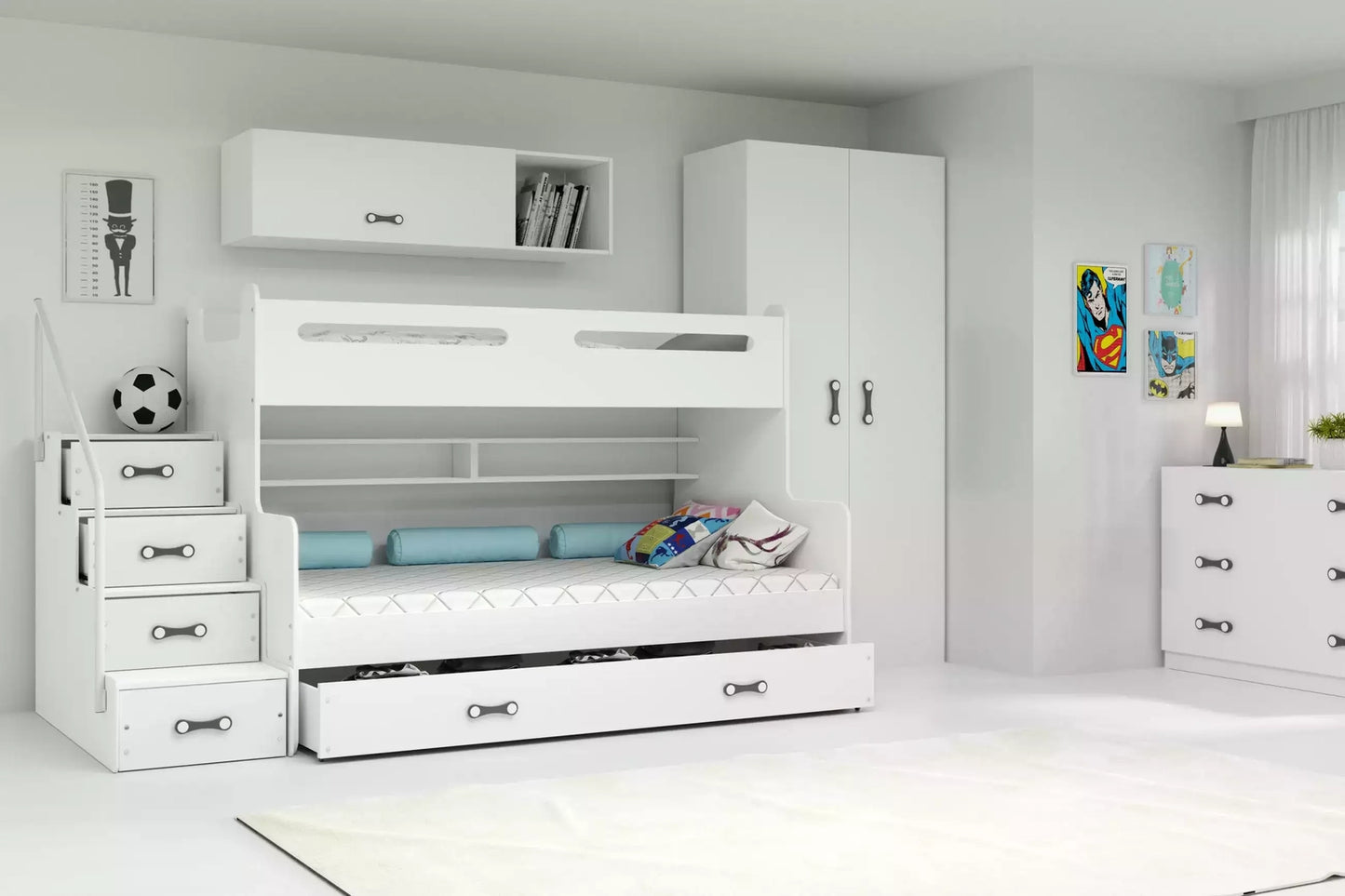 Dviaukštė jaunuolių lova MAX 3, 120x200 cm, balta, su čiužiniais ir stalčiumi – vaizdas 2