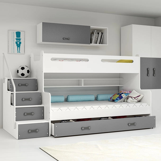 Dviaukštė jaunuolių lova MAX 3, 120x200 cm, pilka, su čiužiniais ir stalčiumi – pagrindinis vaizdas