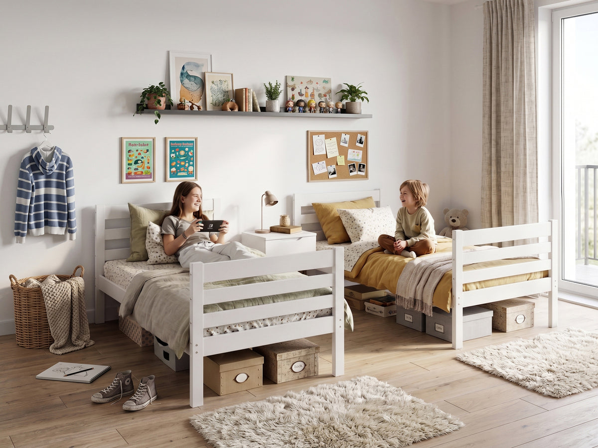 Eryk Trijų aukštų vaikiška lova 90×190 cm – Balta, su čiužiniu ir stalčiumi
