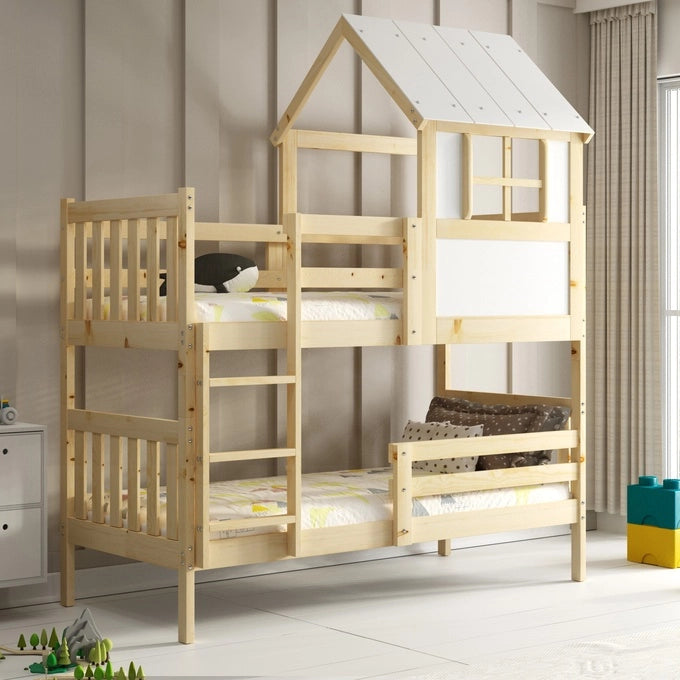 Dviaukštė lova „Cottage“ su stogeliu – „Kacper“ pagaminta iš natūralios medienos 90x190 su čiužiniu