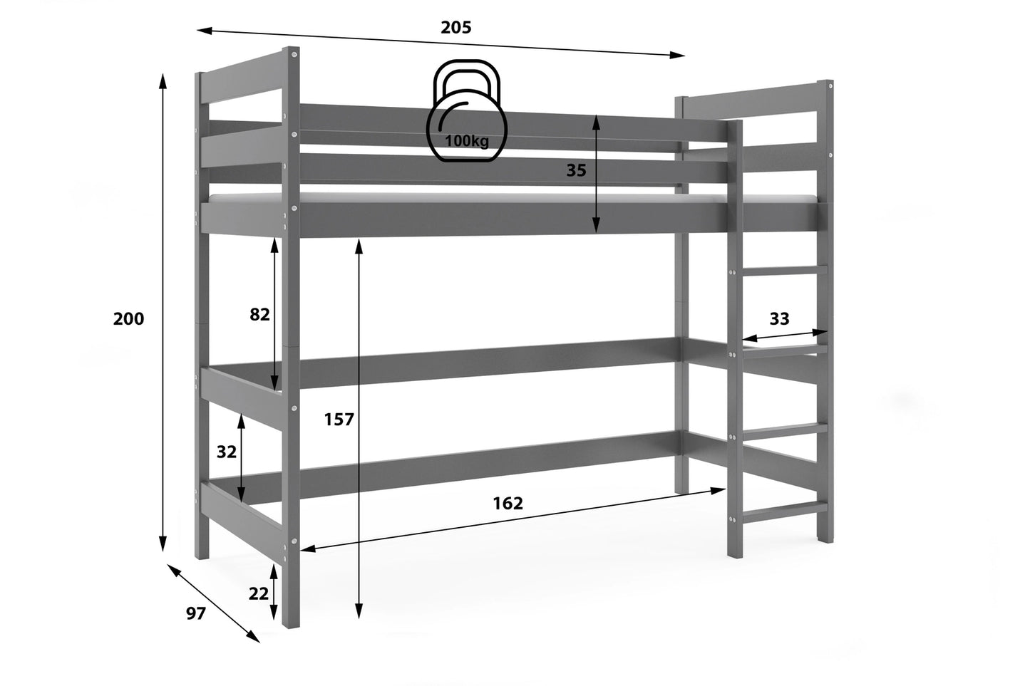 Dviaukštė jaunuolių lova antresolė, pilka, 90x200 cm, su čiužiniu – vaizdas 5