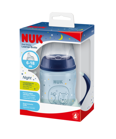 NUK 215326 FC buteliukas 150ml su rankenėlėmis šviečia tamsoje NAKTIS, pavaizduotas šviečiantis tamsoje – vaizdas 6