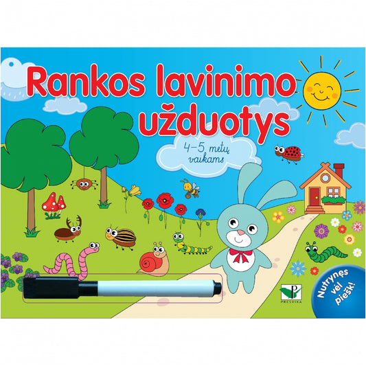 Rankos lavinimo užduotys 4-5 metų vaikams. Su flomasteriu. Nutrynęs vėl rašyk