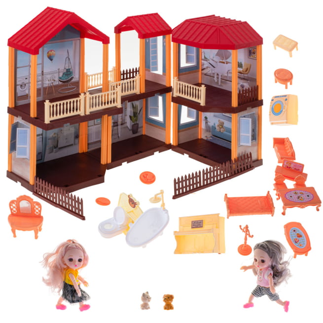 Lėlių namelis su apšvietimu ir lėlėmis
