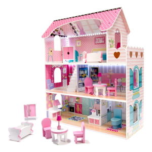 MDF medinis lėlių namelis su baldais, 70 cm, rožinis