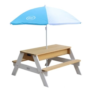 AXI Pikniko stalas su suoliuku, skėčiu ir vandens/smėlio talpyklomis Nick