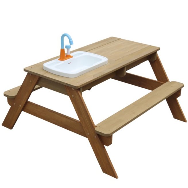 AXI Pikniko stalas su suoliuku, maišytuvu, kriaukle ir vandens/smėlio talpyklomis Emily