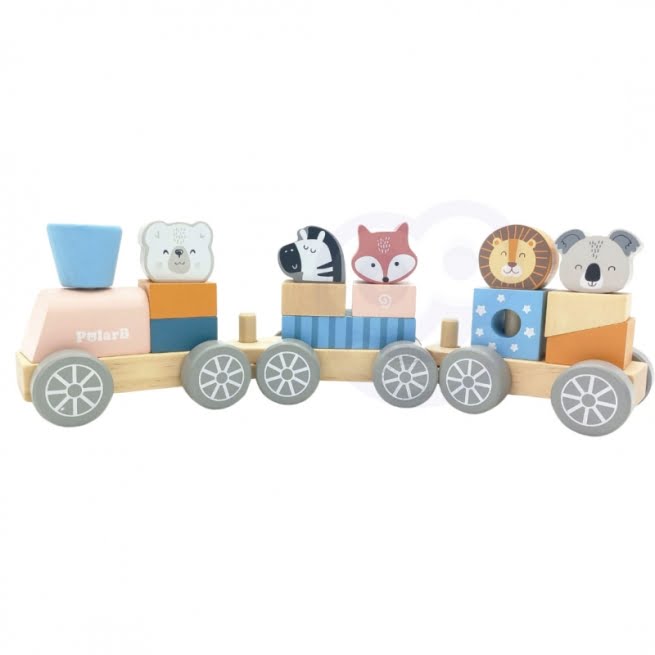 Viga Medinis traukinukas su vagonais ir gyvūnais PolarB Montessori