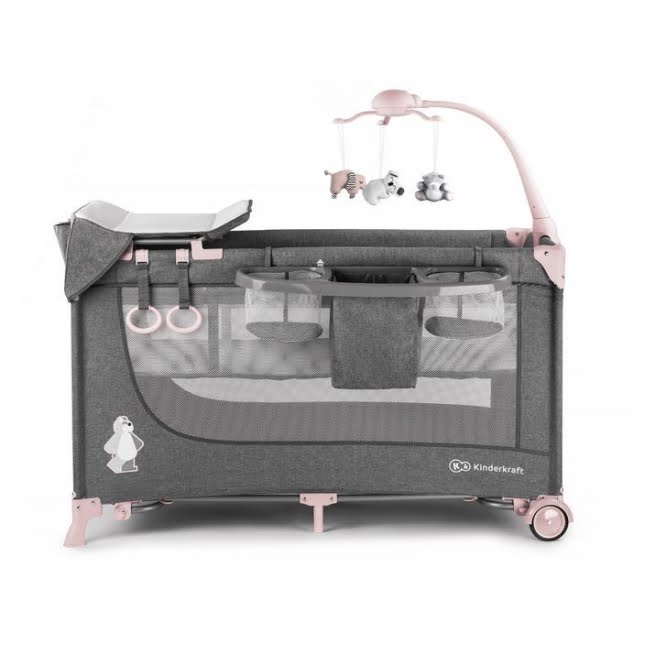 Kinderkraft Kelioninė lovytė su karusele ir aksesuarais JOY,rožinė