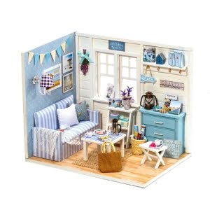Medinis lėlių namų gyvenamojo kambario modelis, LED, DIY 3016