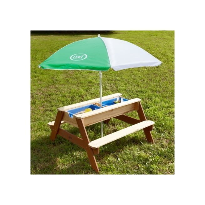 AXI Smėlio ir vandens stalas su suolais ir skėčiu, šviesus rudas